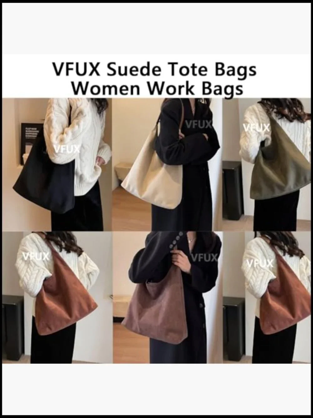 Faux Suede Slouchy Hobo Tote Bag Spacious Work Office Fall Shoulder Handbag